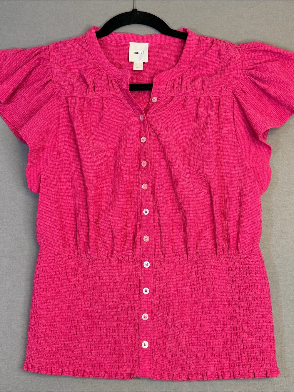Anthropology Maeve Fuchsia Button-Front Smocked Waist Top Ruffle Cap Sleeve Sz L